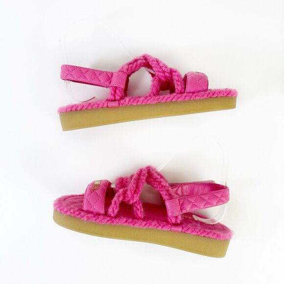 CHANEL Pink Rope CC Dad Sandals Size 37 Open Toe Gladiator Slingback Fuzzy - Picture 6 of 13